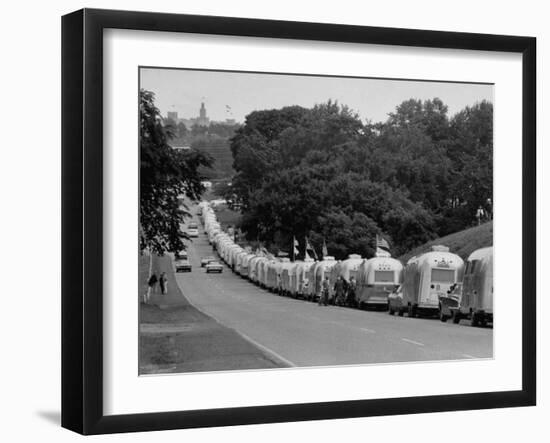Long Line of Airstream Trailers Wait for Parking Space at a Campground During a Trailer Rally-Ralph Crane-Framed Premium Photographic Print
