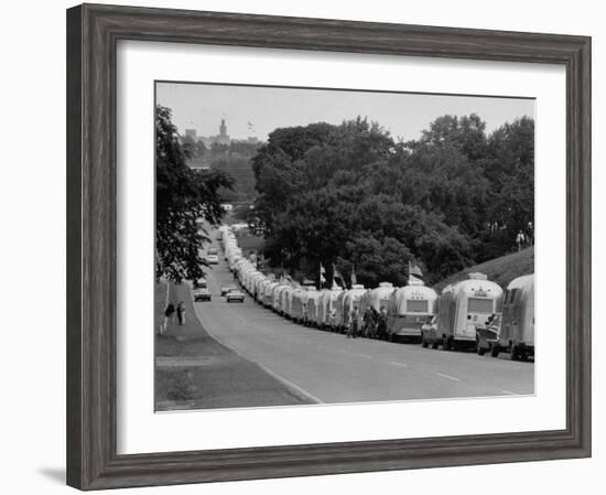 Long Line of Airstream Trailers Wait for Parking Space at a Campground During a Trailer Rally-Ralph Crane-Framed Photographic Print