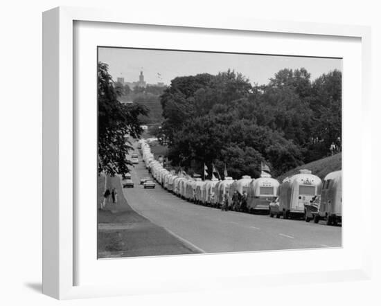 Long Line of Airstream Trailers Wait for Parking Space at a Campground During a Trailer Rally-Ralph Crane-Framed Photographic Print