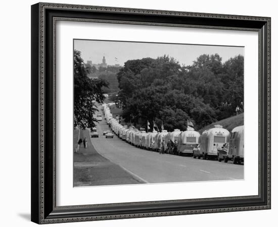 Long Line of Airstream Trailers Wait for Parking Space at a Campground During a Trailer Rally-Ralph Crane-Framed Photographic Print