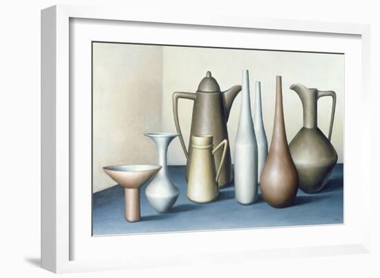 Long Necked Bottles in Space with Terracotta Bowl-Brian Irving-Framed Giclee Print