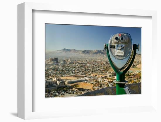 Long range binoculars for tourists and panoramic view of skyline and downtown of El Paso Texas l...-null-Framed Photographic Print