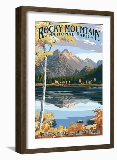 Long's Peak and Bear Lake - Rocky Mountain National Park-Lantern Press-Framed Art Print