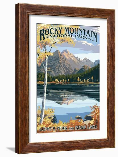 Long's Peak and Bear Lake - Rocky Mountain National Park-Lantern Press-Framed Art Print