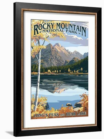 Long's Peak and Bear Lake - Rocky Mountain National Park-Lantern Press-Framed Art Print