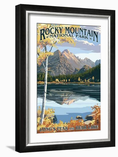 Long's Peak and Bear Lake - Rocky Mountain National Park-Lantern Press-Framed Art Print