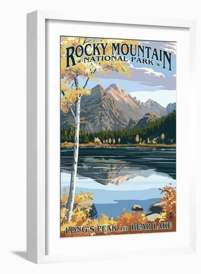 Long's Peak and Bear Lake - Rocky Mountain National Park-Lantern Press-Framed Art Print