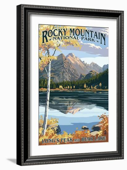 Long's Peak and Bear Lake - Rocky Mountain National Park-Lantern Press-Framed Art Print