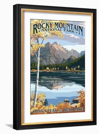 Long's Peak and Bear Lake - Rocky Mountain National Park-Lantern Press-Framed Premium Giclee Print