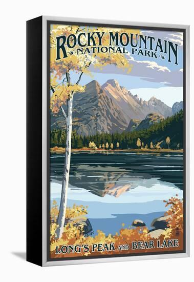 Long's Peak and Bear Lake - Rocky Mountain National Park-Lantern Press-Framed Stretched Canvas