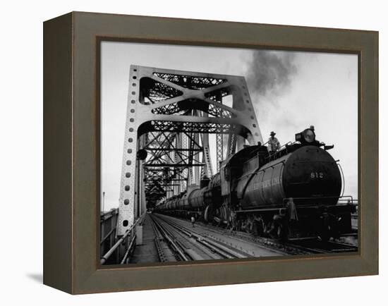 Long String of Tank Cars Rumbling Across the 4 1/2 Mile Huey Long Bridge at New Orleans-Peter Stackpole-Framed Premier Image Canvas