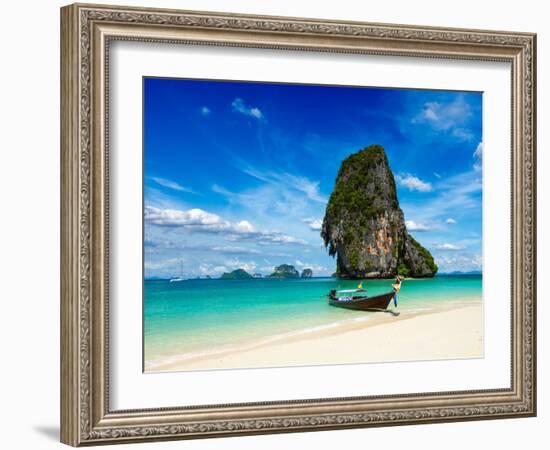 Long Tail Boat on Tropical Beach with Limestone Rock, Krabi, Thailand-f9photos-Framed Photographic Print