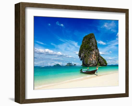 Long Tail Boat on Tropical Beach with Limestone Rock, Krabi, Thailand-f9photos-Framed Photographic Print