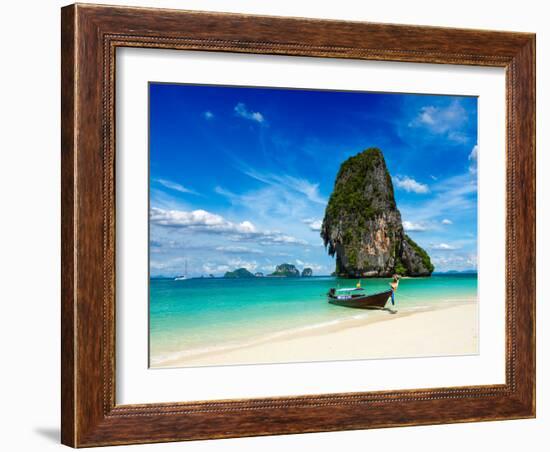 Long Tail Boat on Tropical Beach with Limestone Rock, Krabi, Thailand-f9photos-Framed Photographic Print