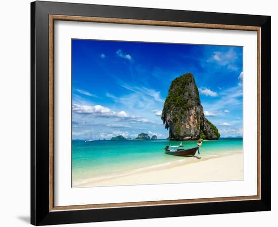 Long Tail Boat on Tropical Beach with Limestone Rock, Krabi, Thailand-f9photos-Framed Photographic Print