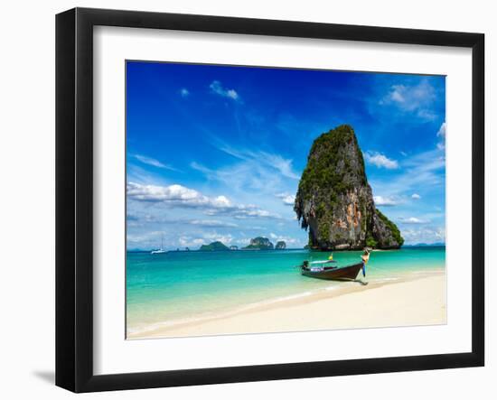 Long Tail Boat on Tropical Beach with Limestone Rock, Krabi, Thailand-f9photos-Framed Photographic Print