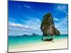 Long Tail Boat on Tropical Beach with Limestone Rock, Krabi, Thailand-f9photos-Mounted Photographic Print