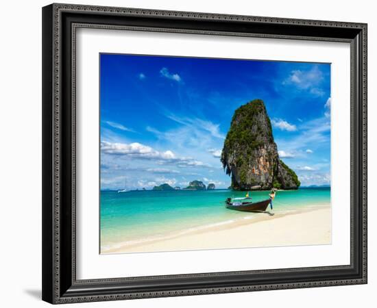 Long Tail Boat on Tropical Beach with Limestone Rock, Krabi, Thailand-f9photos-Framed Photographic Print