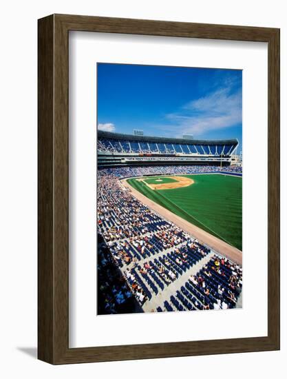 Long view of Baseball diamond and bleachers during professional Baseball Game, Comiskey Park, Il...-null-Framed Photographic Print