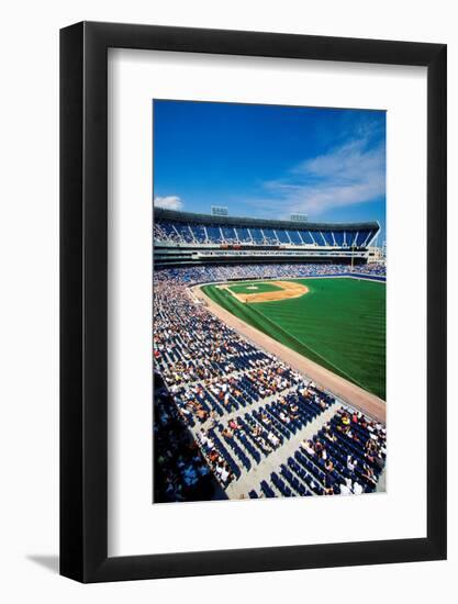 Long view of Baseball diamond and bleachers during professional Baseball Game, Comiskey Park, Il...-null-Framed Photographic Print