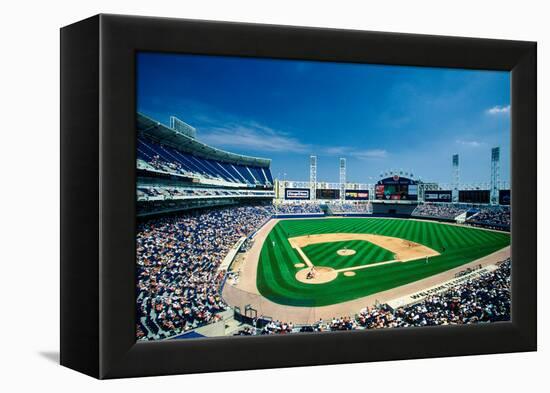 Long view of Baseball diamond and bleachers during professional Baseball Game, Comiskey Park, Il...-null-Framed Premier Image Canvas