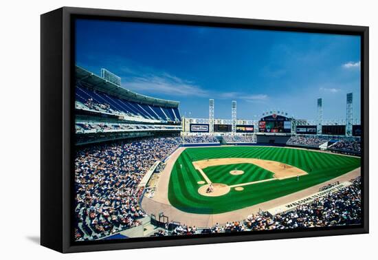 Long view of Baseball diamond and bleachers during professional Baseball Game, Comiskey Park, Il...-null-Framed Premier Image Canvas