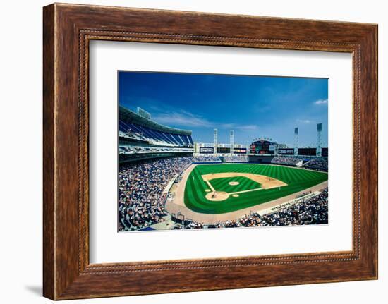 Long view of Baseball diamond and bleachers during professional Baseball Game, Comiskey Park, Il...-null-Framed Photographic Print