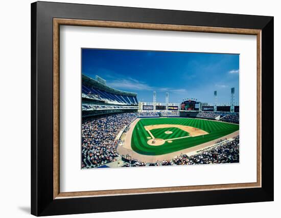 Long view of Baseball diamond and bleachers during professional Baseball Game, Comiskey Park, Il...-null-Framed Photographic Print