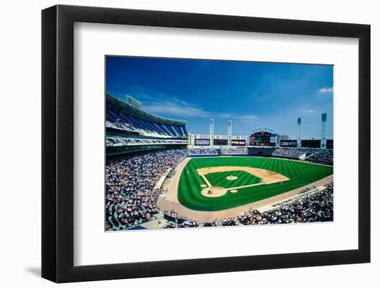 Long view of Baseball diamond and bleachers during professional Baseball Game, Comiskey Park, Il...-null-Framed Photographic Print