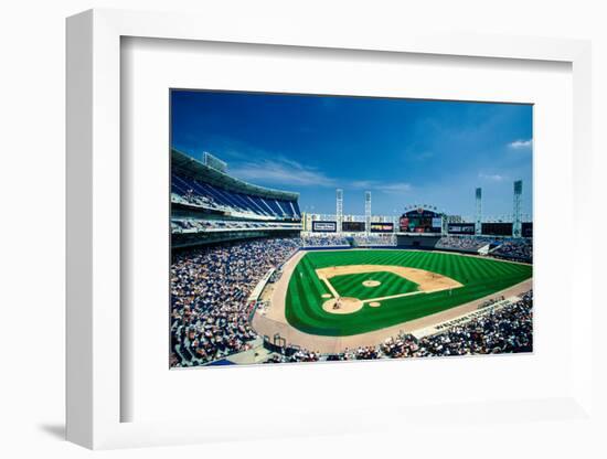 Long view of Baseball diamond and bleachers during professional Baseball Game, Comiskey Park, Il...-null-Framed Photographic Print