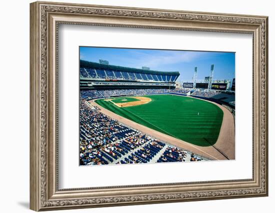 Long view of Baseball diamond and bleachers during professional Baseball Game, Comiskey Park, Il...-null-Framed Photographic Print