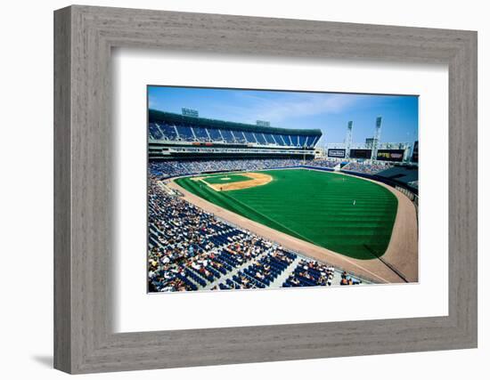 Long view of Baseball diamond and bleachers during professional Baseball Game, Comiskey Park, Il...-null-Framed Photographic Print