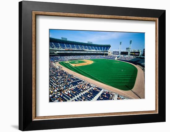 Long view of Baseball diamond and bleachers during professional Baseball Game, Comiskey Park, Il...-null-Framed Photographic Print