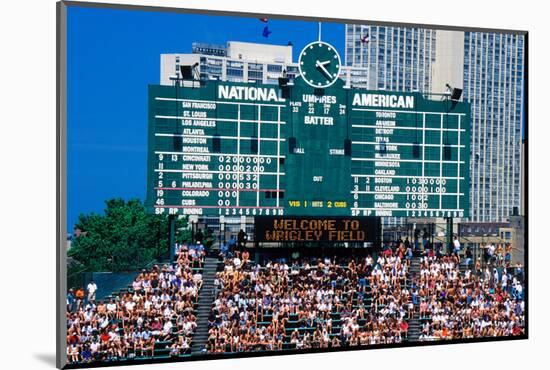 Long view of scoreboard and full bleachers during a professional baseball game, Wrigley Field, I...-null-Mounted Photographic Print