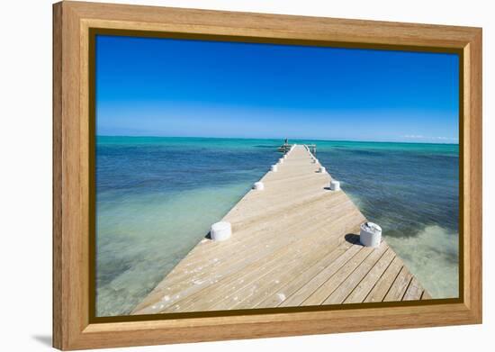 Long wooden pier in the turquoise waters of Providenciales, Turks and Caicos, Caribbean-Michael Runkel-Framed Premier Image Canvas