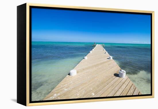 Long wooden pier in the turquoise waters of Providenciales, Turks and Caicos, Caribbean-Michael Runkel-Framed Premier Image Canvas