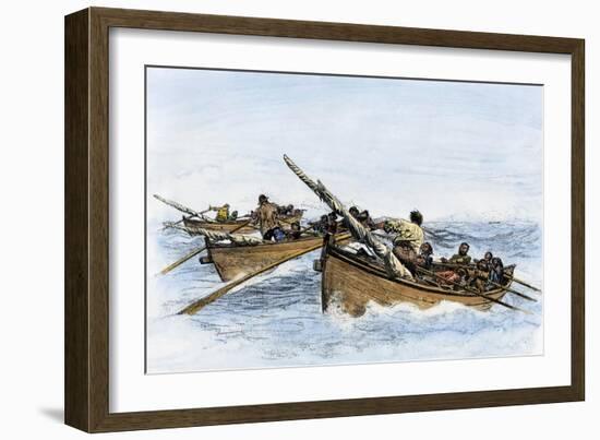 Longboats Racing to Harpoon a Whale-null-Framed Giclee Print