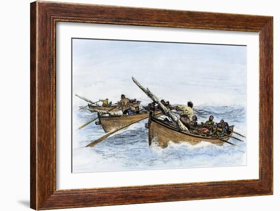 Longboats Racing to Harpoon a Whale-null-Framed Giclee Print