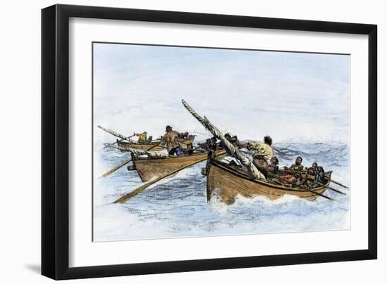 Longboats Racing to Harpoon a Whale-null-Framed Giclee Print