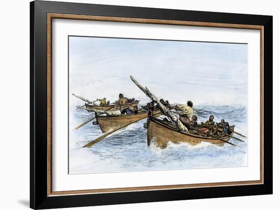 Longboats Racing to Harpoon a Whale-null-Framed Giclee Print