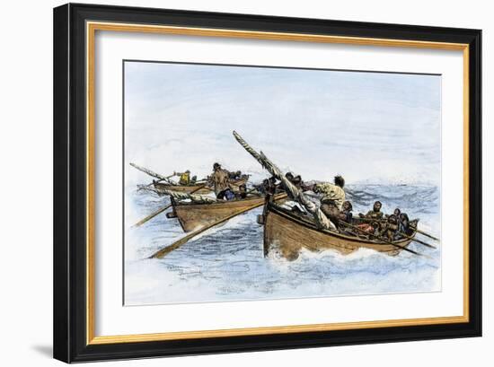 Longboats Racing to Harpoon a Whale-null-Framed Giclee Print