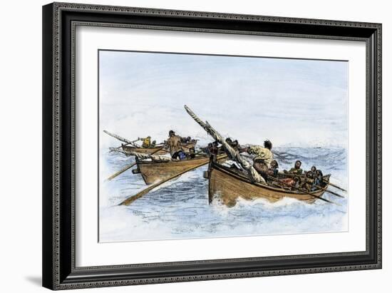 Longboats Racing to Harpoon a Whale-null-Framed Premium Giclee Print