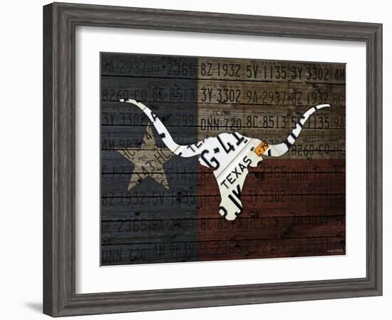 Longhorn Art with Flag-Design Turnpike-Framed Giclee Print