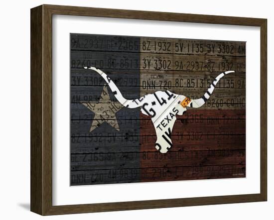 Longhorn Art with Flag-Design Turnpike-Framed Giclee Print