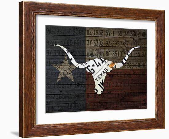 Longhorn Art with Flag-Design Turnpike-Framed Giclee Print