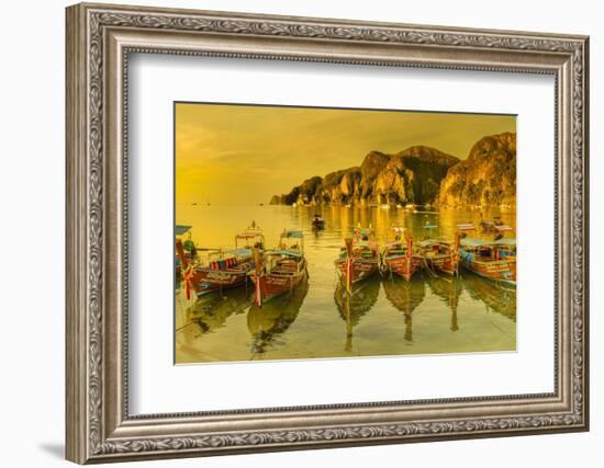 Longtail boats at sunrise, Ko Phi Khi Don Island, Krabi, Thailand, Southeast Asia, Asia-Markus Lange-Framed Photographic Print