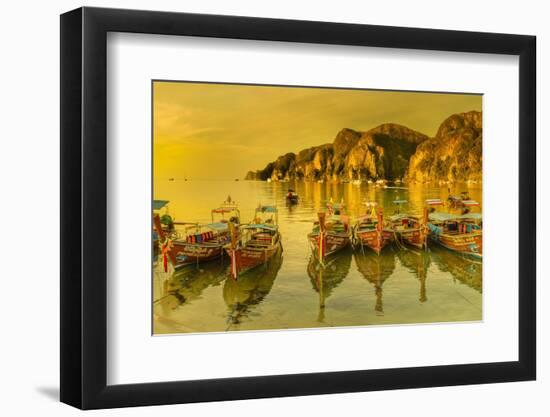 Longtail boats at sunrise, Ko Phi Khi Don Island, Krabi, Thailand, Southeast Asia, Asia-Markus Lange-Framed Photographic Print