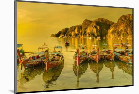 Longtail boats at sunrise, Ko Phi Khi Don Island, Krabi, Thailand, Southeast Asia, Asia-Markus Lange-Mounted Photographic Print