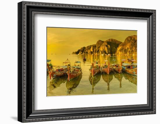 Longtail boats at sunrise, Ko Phi Khi Don Island, Krabi, Thailand, Southeast Asia, Asia-Markus Lange-Framed Photographic Print