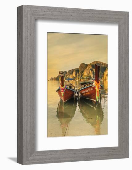 Longtail boats at sunrise, Ko Phi Khi Don Island, Krabi, Thailand, Southeast Asia, Asia-Markus Lange-Framed Photographic Print